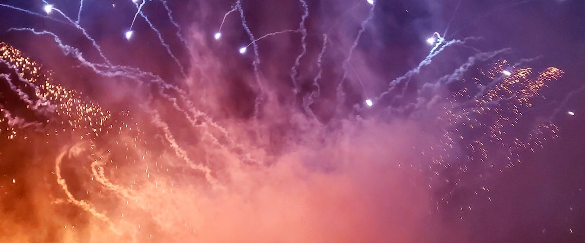 A crowd of people watching fireworks in the night sky.