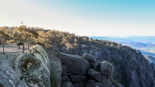 Panoramic scenic alpine natural outback view from Bents Lookout points at Mount Buffalo National park, Victoria Australia