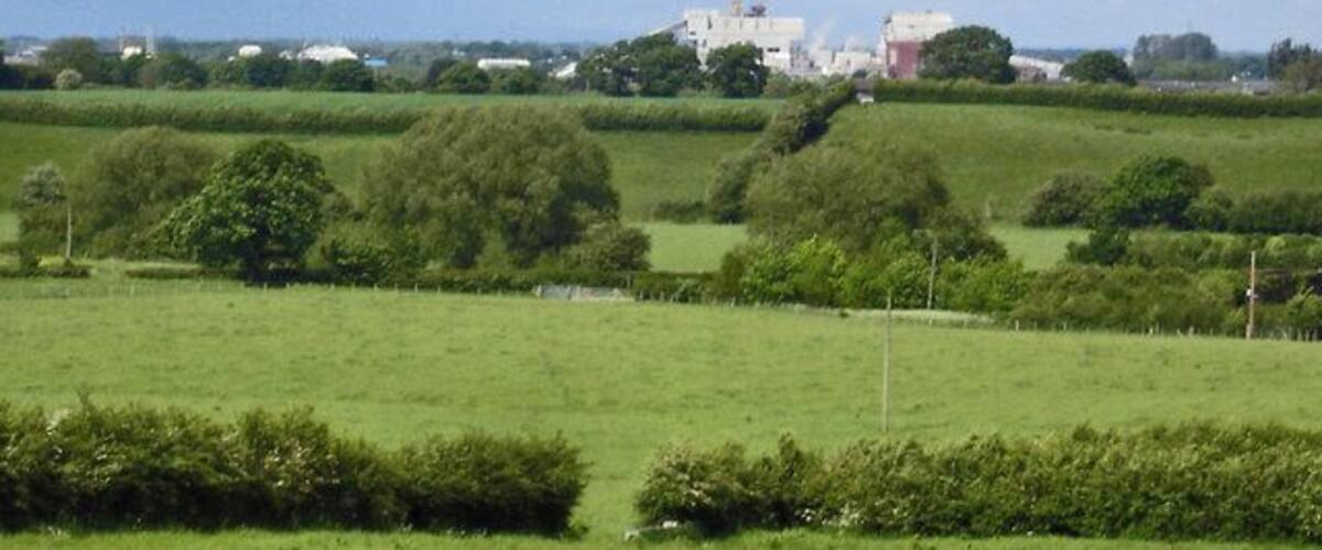 A rural landscape with green fields, scattered trees, and distant buildings.