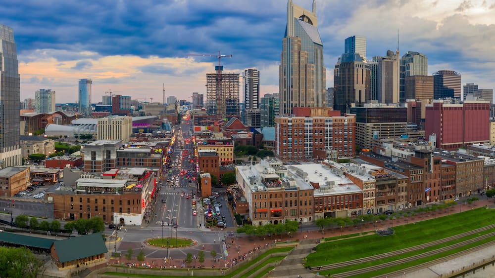 Broadway and the downtown riverfront, Nashville, Tennessee, United States.
