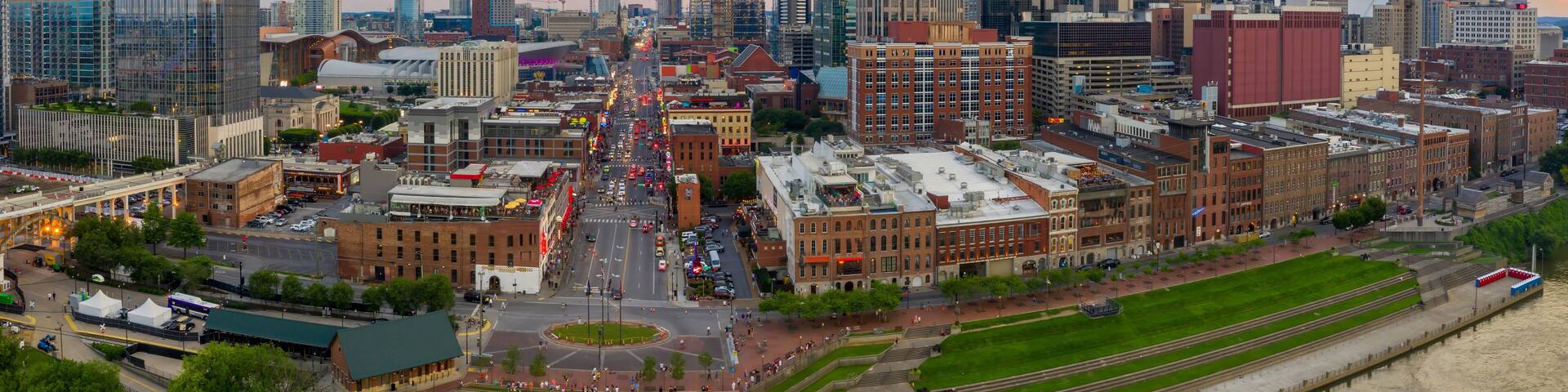 Broadway and the downtown riverfront, Nashville, Tennessee, United States.