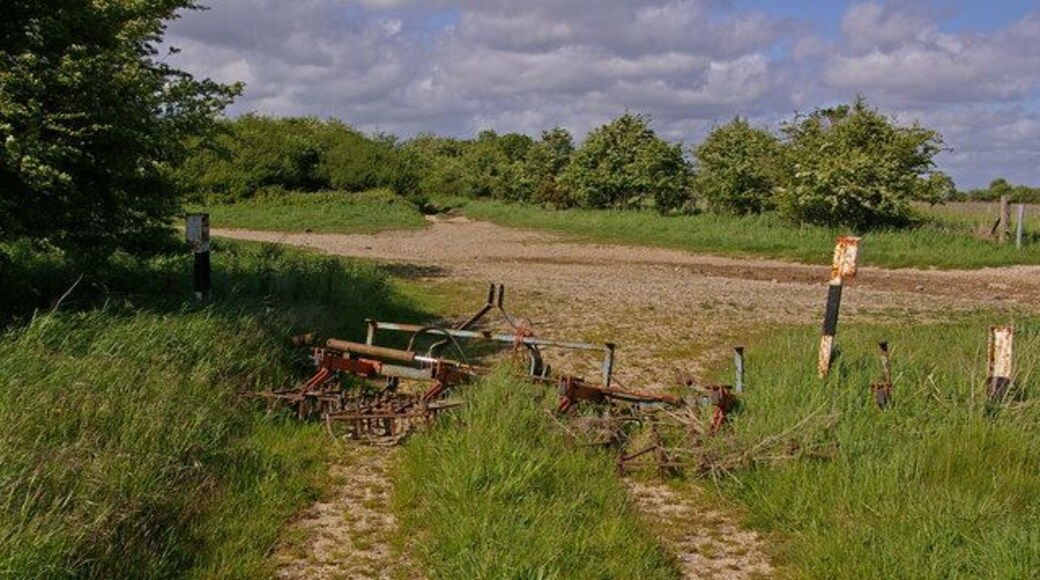 Road block Junction of tracks north of Yarnbury Castle. Although marked on the map as a "byway open to all traffic", someone has clearly decided that it should not be, with the route blocked by this farm implement.