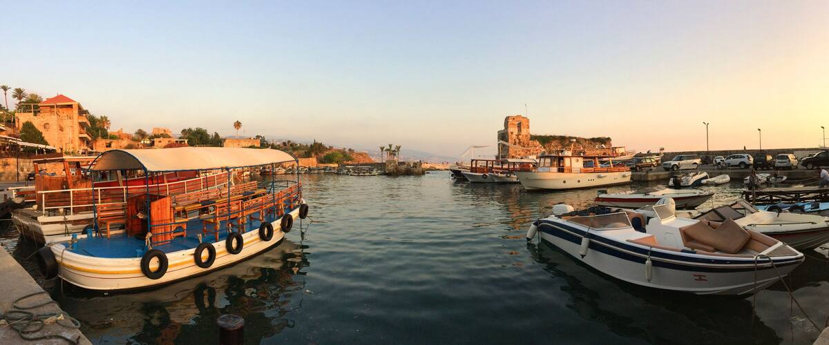 A marina with various boats docked, a large building with a red roof, and a tower in the background.