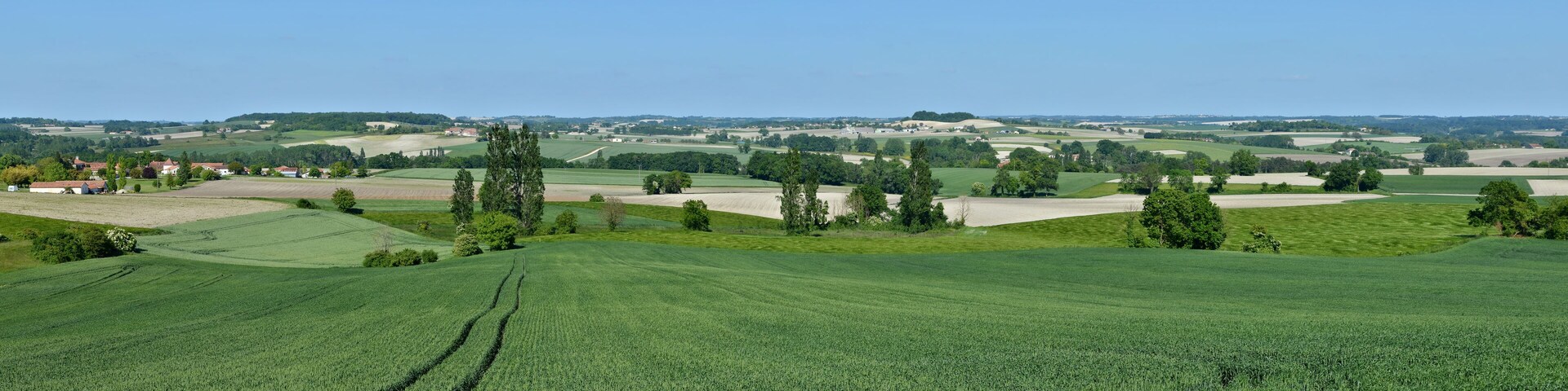 Panoramic view looking E-NE, from Puygironde, on road n° D 140, Nabinaud, Charente, France.