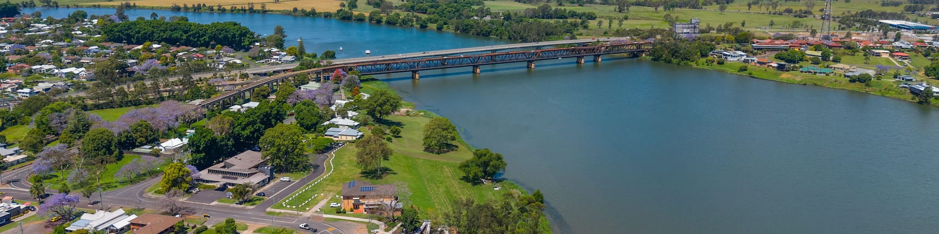 Aerial view of the new and old bridges across the Clarence River in Grafton