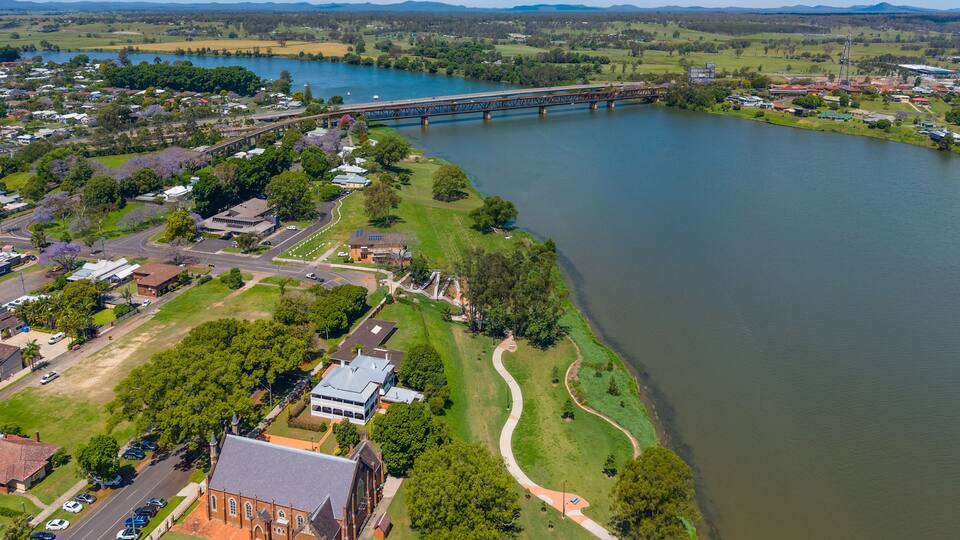 Aerial view of the new and old bridges across the Clarence River in Grafton