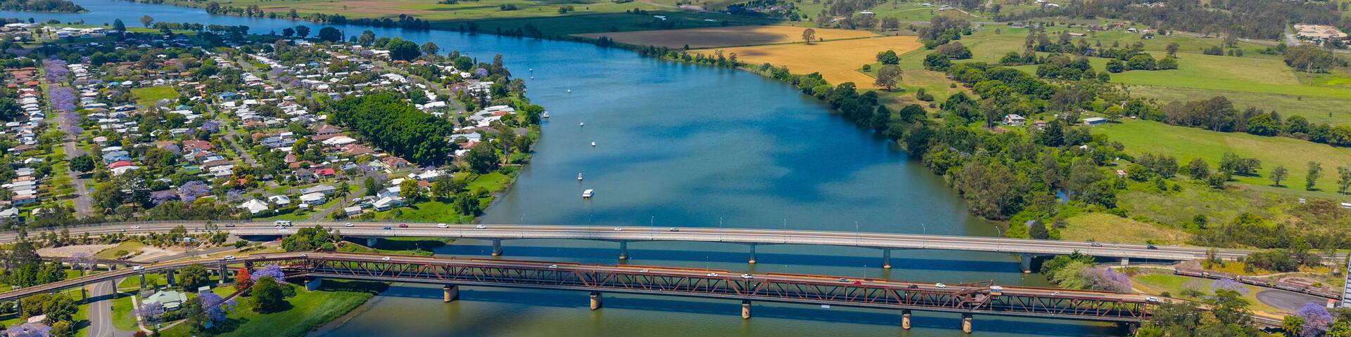 Aerial view of the new and old bridges across the Clarence River in Grafton