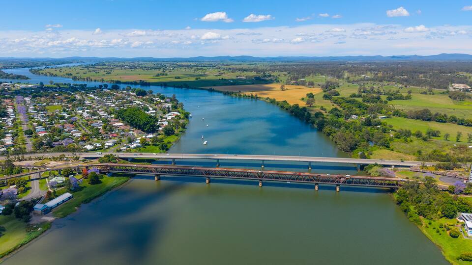 Aerial view of the new and old bridges across the Clarence River in Grafton