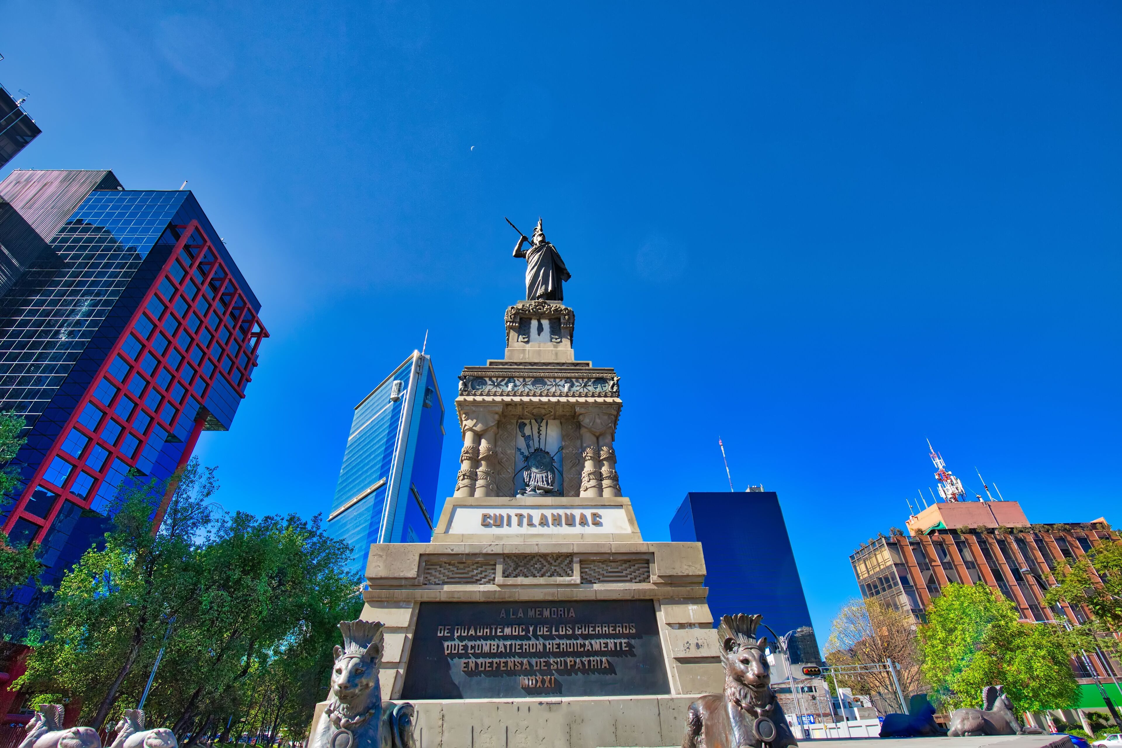 Monument to Cuauhtemoc, the last Mexican ruler of Tenochtitlan, located at the intersection of Avenida de los Insurgentes and Paseo de la Reforma in Mexico City
