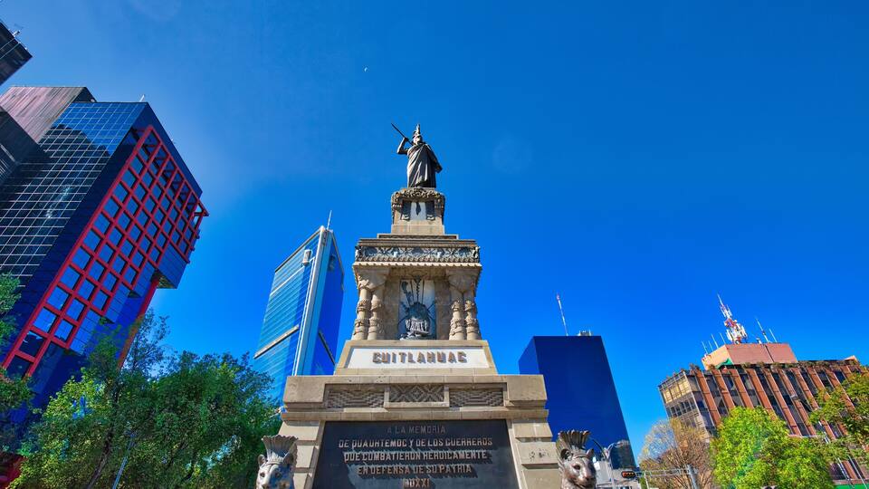 Monument to Cuauhtemoc, the last Mexican ruler of Tenochtitlan, located at the intersection of Avenida de los Insurgentes and Paseo de la Reforma in Mexico City