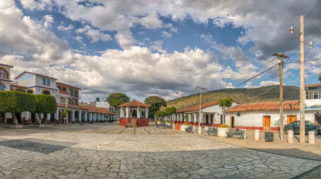 Panorama panoramic view of the Municipal Plaza in Ixcateopan de Cuauhtemoc. Main streets in Guerrero. Travel in Mexico.