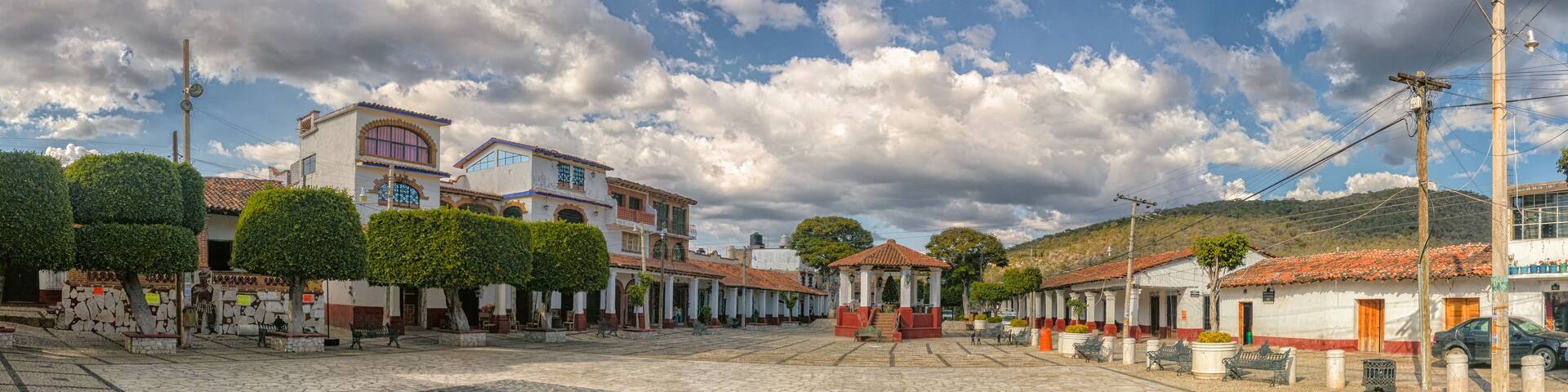 Panorama panoramic view of the Municipal Plaza in Ixcateopan de Cuauhtemoc. Main streets in Guerrero. Travel in Mexico.