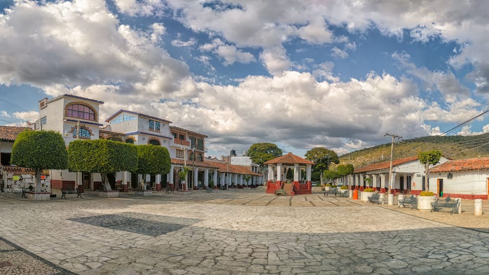 Panorama panoramic view of the Municipal Plaza in Ixcateopan de Cuauhtemoc. Main streets in Guerrero. Travel in Mexico.