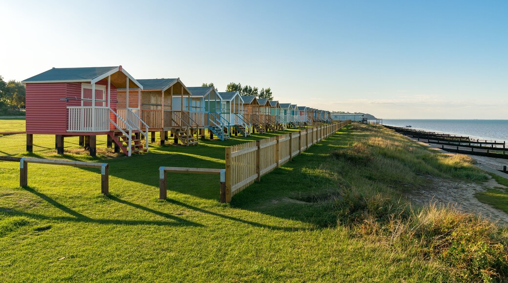 Beach huts with sea view in Leysdown-on-Sea, Isle of Sheppey, Kent, England, UK