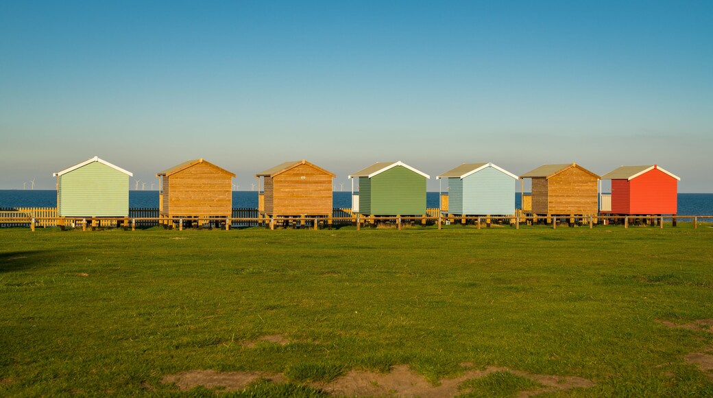 Beach huts with sea view in Leysdown-on-Sea, Isle of Sheppey, Kent, England, UK