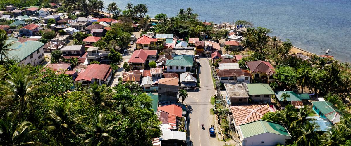A coastal town with houses, palm trees, and a beach.