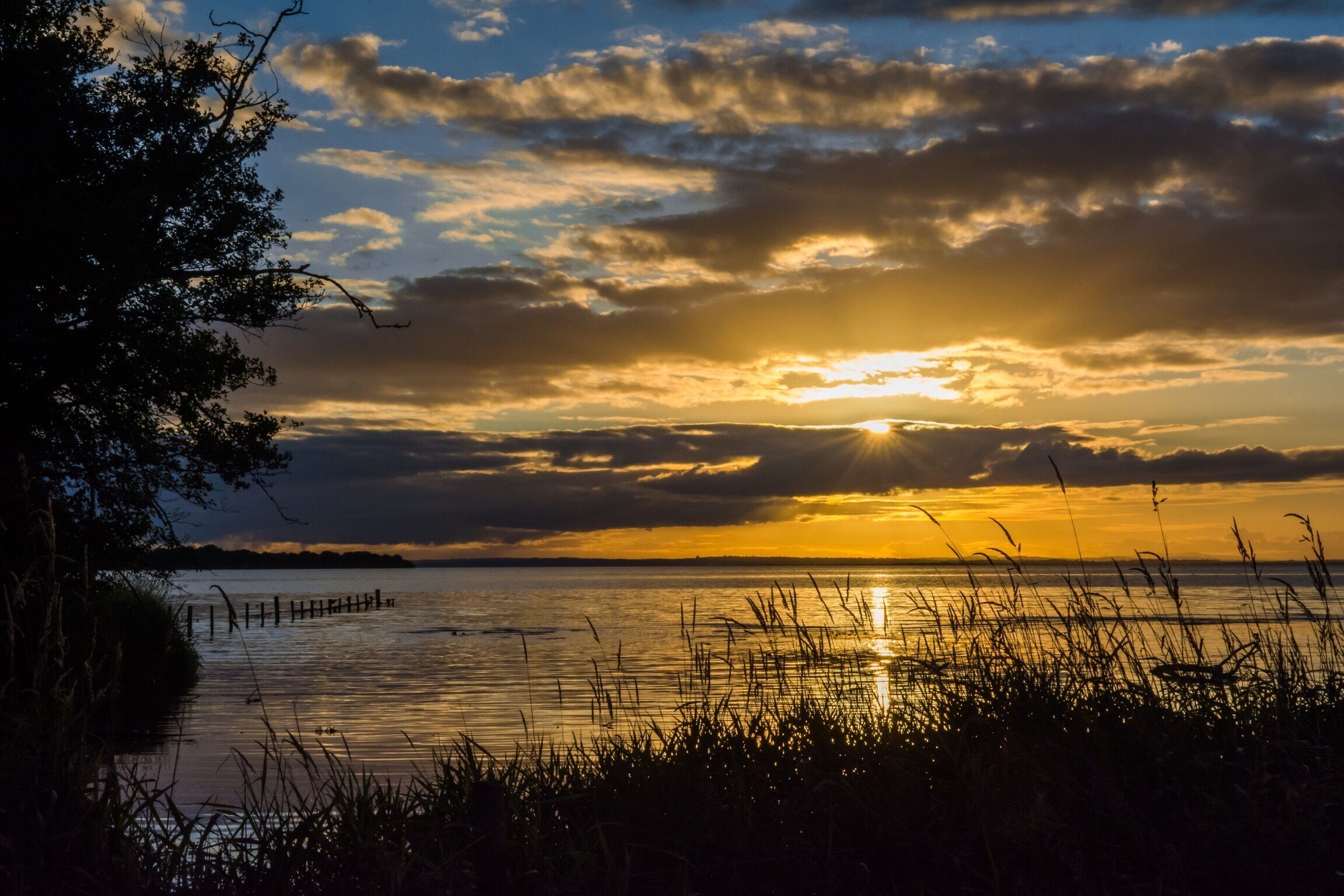 A sunset over a calm lake with a wooden dock and grass in the foreground.