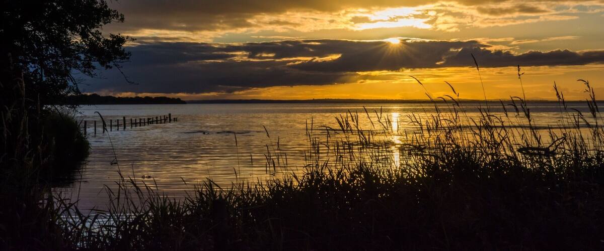 A sunset over a calm lake with a wooden dock and grass in the foreground.
