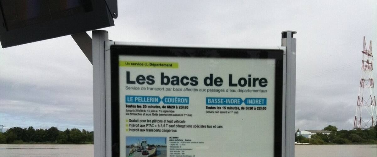 A signboard with information about boat services in Loire, including schedules and contact details.