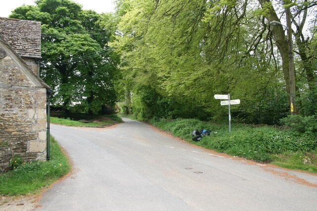 Junction in Woodmancote Straight ahead for Bagendon, bear left for North Cerney.