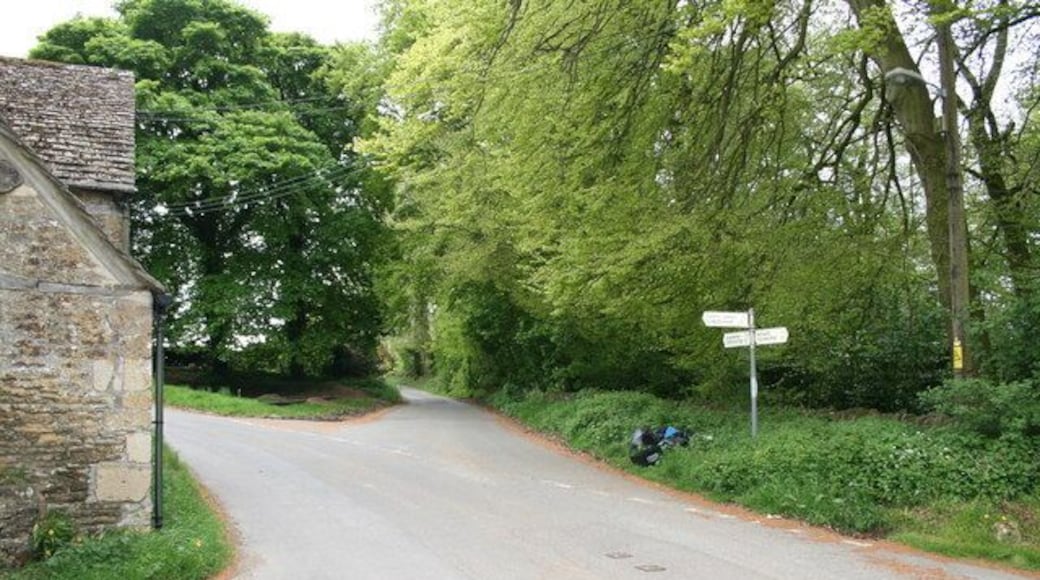 Junction in Woodmancote Straight ahead for Bagendon, bear left for North Cerney.