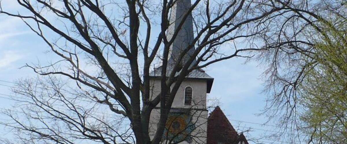 A church with a tall steeple and a large tree in front.