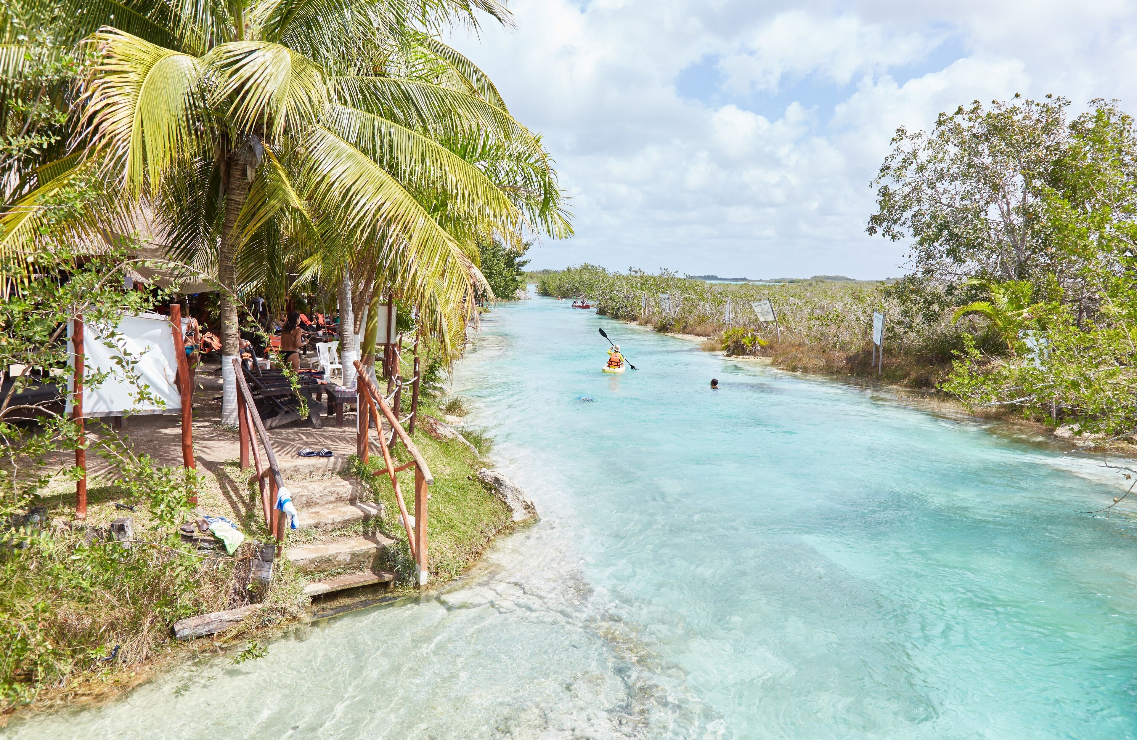 A river with clear turquoise water, surrounded by lush greenery and palm trees.