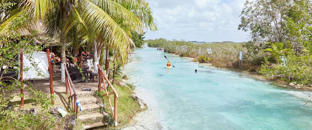 A river with clear turquoise water, surrounded by lush greenery and palm trees.