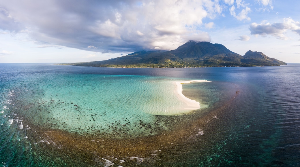 Aerial view of white island sandbar in front of Camiguin Island, Philippines