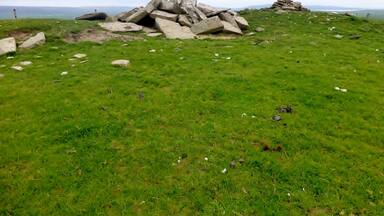 A grassy field with scattered rocks and a distant view of the sea.