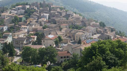 A hillside village with traditional architecture and a prominent church.