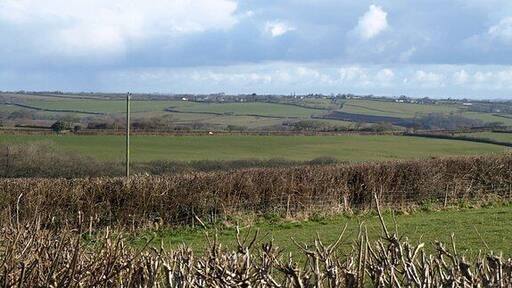 Farm road to Halsdon Barton A distant view of the ridgetop road that links the farm to the road from which the photo was taken, from Anvil Corner to Holsworthy Beacon. It is seen across a shallow tributary valley of the Waldon, and across a hedge top.