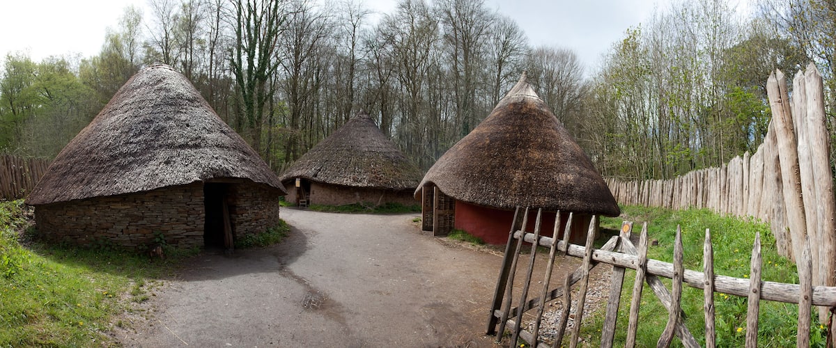 Thatched-roof huts in a forested area with a dirt path.