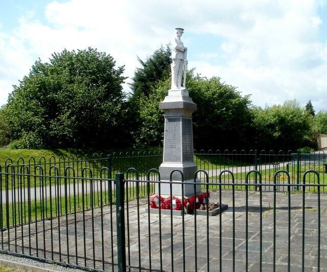 Relocated Trelewis War Memorial. The War Memorial was officially unveiled on Captains Hill on May 31st 1925 as a memorial to the 45 men of Trelewis who died in the Great War. Its original location had by 1999 become isolated, because of mine closures and reshaping of the landscape. It was also suffering some vandalism and beginning to look unkempt and neglected. Thus in 2002, after 3 years of fund-raising by volunteers, a team of Royal Monmouthshire Engineers moved the statue to its new location here, set above the west side of the B4255 near the Ffaldcaiach Inn. Link The rededication of the War Memorial was on June 23rd 2002, after a march of war veterans through the village.