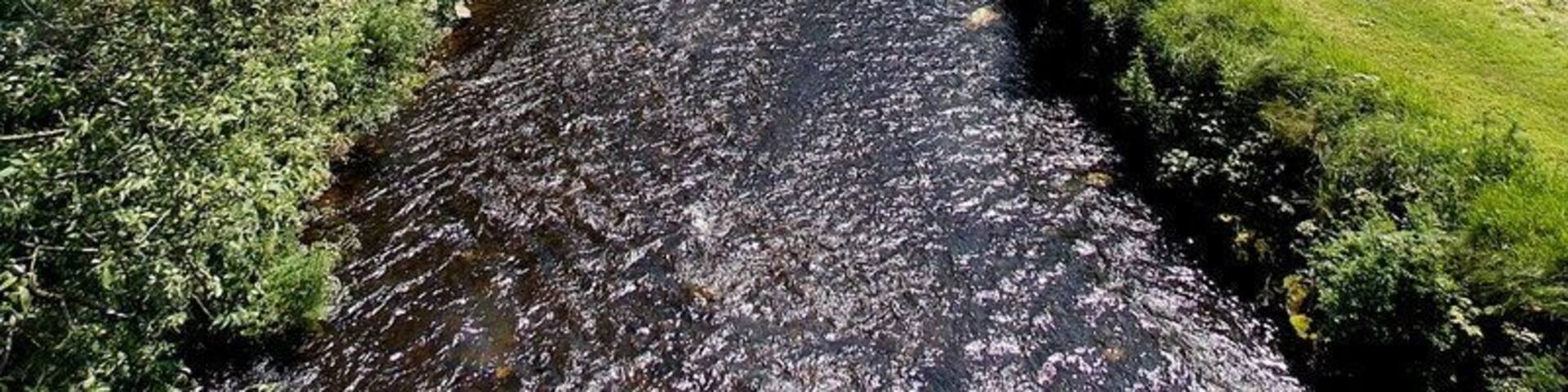 Confluence of the Clun and Ely in Pontyclun. Looking along the Ely River (Afon Elai in Welsh). The smaller Afon Clun flows in from the left.