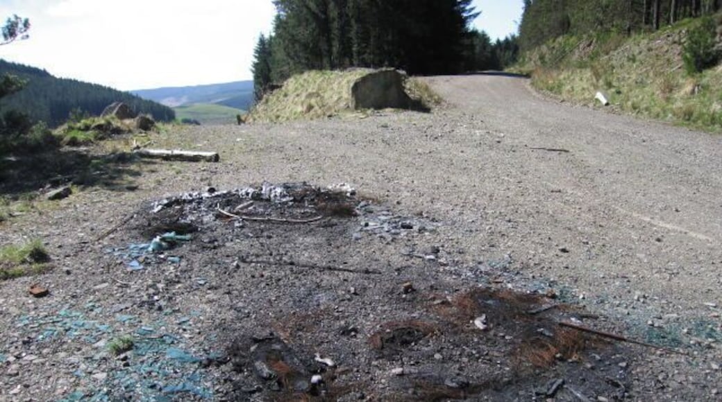Burnt out Right at the edge of the square, the weird remnant of a burned-out car. Each side window is obvious as blue shards. Someone seems to have taken all the large metal bits, and the front bumper - away from the camera - has been reduced to white fibre.