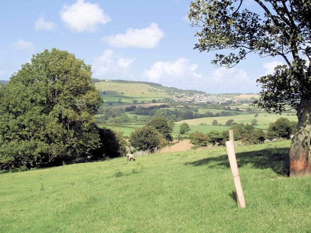 A grassy field with a wooden post, trees, and a distant view of a town.