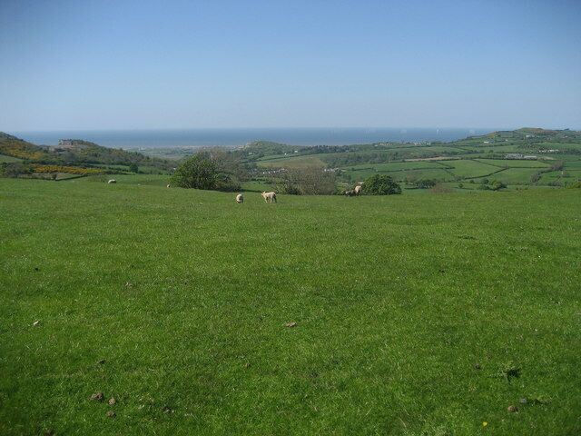 Descending off Marian Ffrith Offa's Dyke National Trail on the flanks of Marian Ffrith. For northbound walkers the end is in sight with the sea clearly visible near Prestatyn.