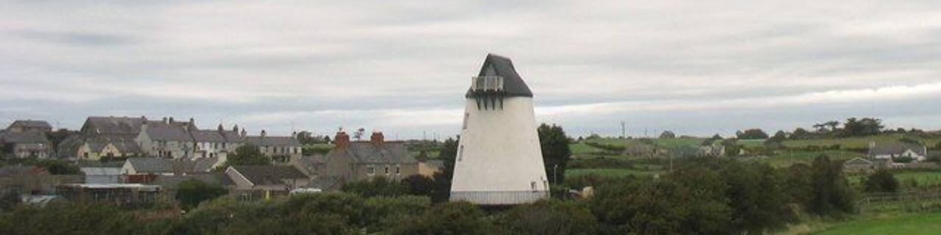 A white lighthouse with a conical top, surrounded by greenery and houses in the background.