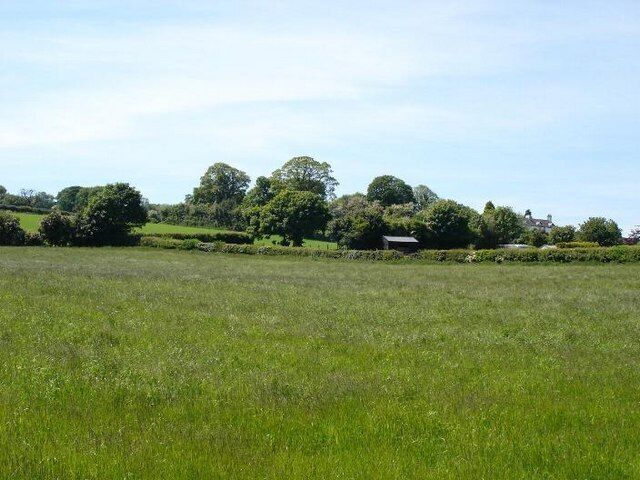 A green field with trees and a building in the distance.