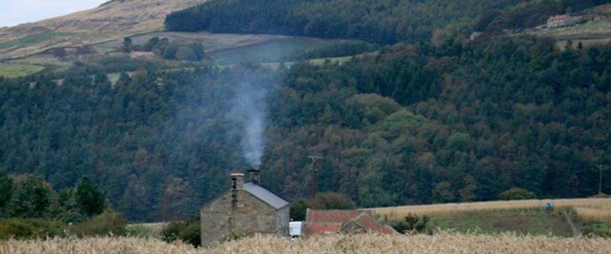A rural landscape with a stone building emitting smoke, surrounded by fields and a forested hill in the background.