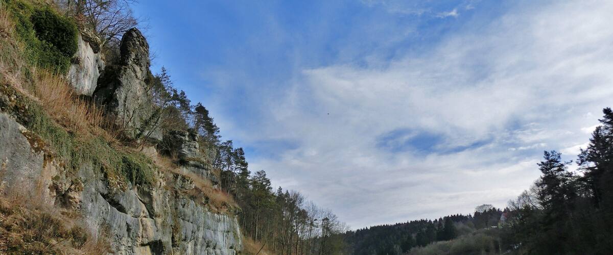 A grassy field with a rocky cliff and a clear sky.