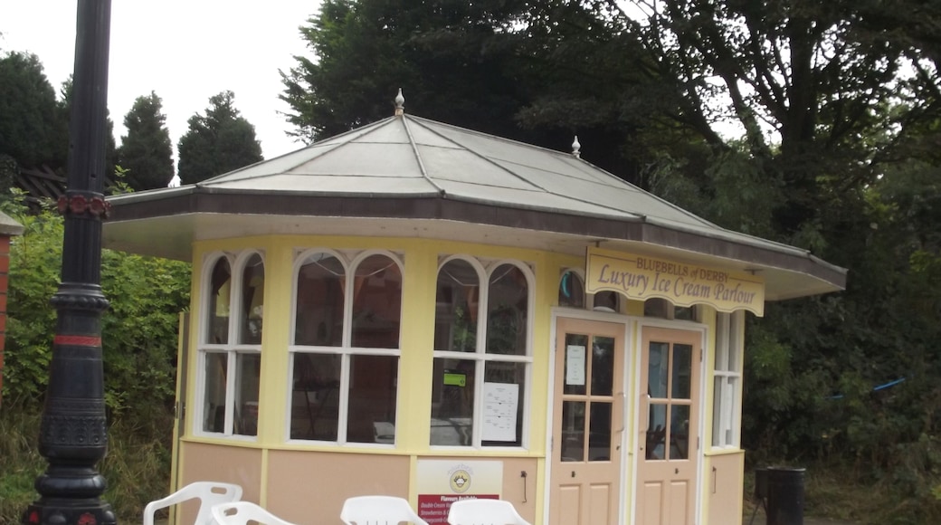 At the National Tramway Museum in Crich. The Museum started in the 1950s / 60s when most of the old tram networks in the cities of the UK were being closed down. The Tramway Museum Society was formed in the late 1940s when the decline began and they started to purchase the trams, track etc. The Crich site came to the attention of the society in the late 1950s. They later purchased the site. At the Crich Tramway Village. On Tramway Street. Bluebells of Derby Luxury Ice Cream Parlour