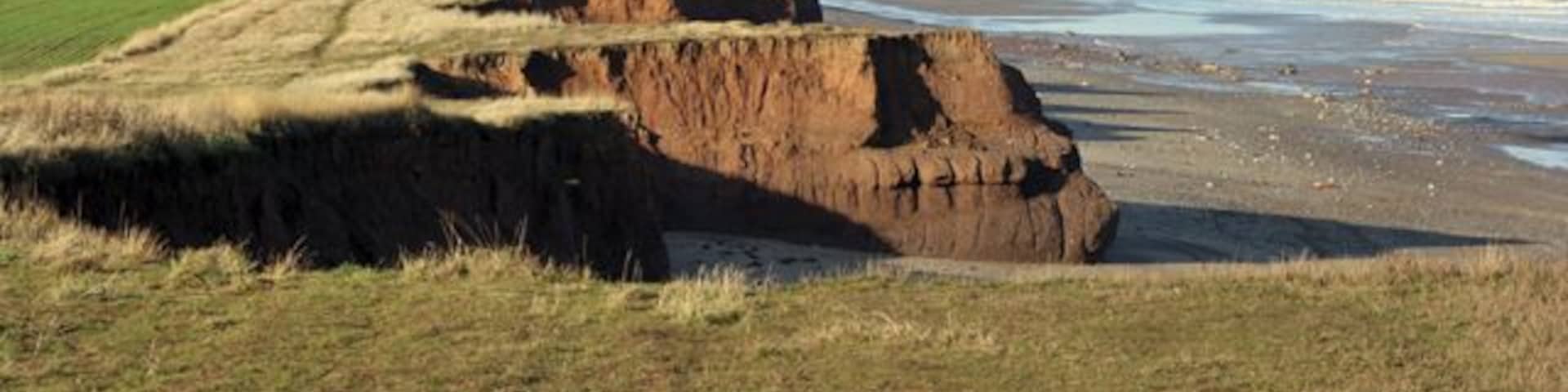 Coastal erosion south of Intack farm, Hollym, East Riding of Yorkshire, England. From this distance the farm building looks fine, but in fact the sea will remove the clay cliff in the fullness of time. The lighthouse and church in Withernsea are visible. The ability of the elements to take huge bites is clear from the photograph. See http://www.hull.ac.uk/coastalobs/general/erosionandflooding/erosion.html for the Hull University web page on coastal erosion including links to data and reports.