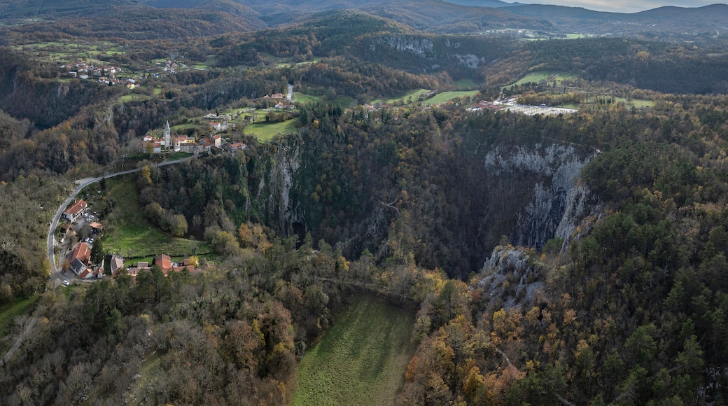 Eine Berglandschaft mit einem Dorf, eingebettet in ein Tal, umgeben von dichten Wäldern und sanften Hügeln.