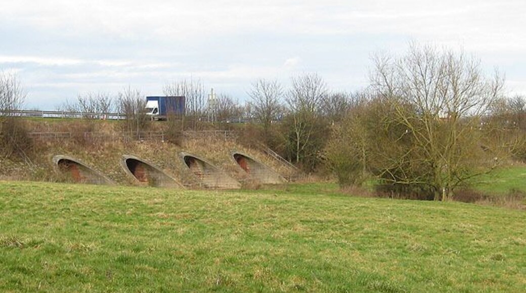 Tunnels under the bypass The truck is travelling along the A40 towards Wales. The tunnels allow floodwater to pass under the bridge. One of them provides a channel for Wells brook to join the River Wye.