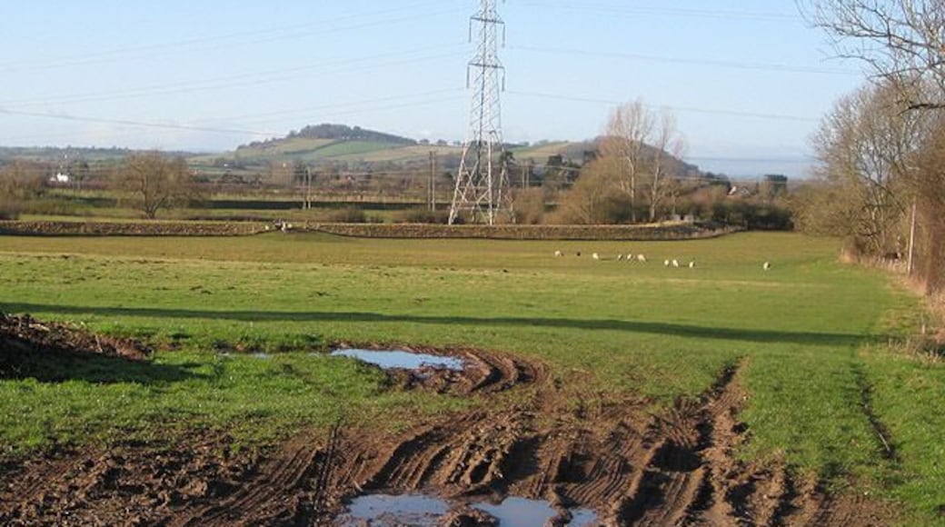 Power lines through pasture North of Mordiford and with Dinedor Hill on the horizon. The River Lugg flows through the square on its way to join the Wye.