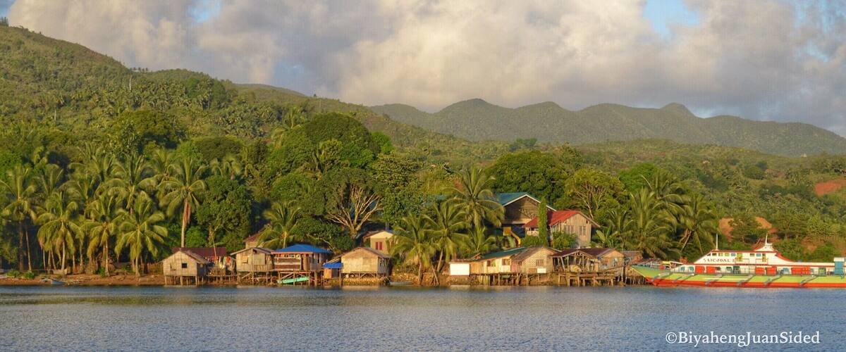 A coastal village with houses on stilts, palm trees, and mountains in the background.