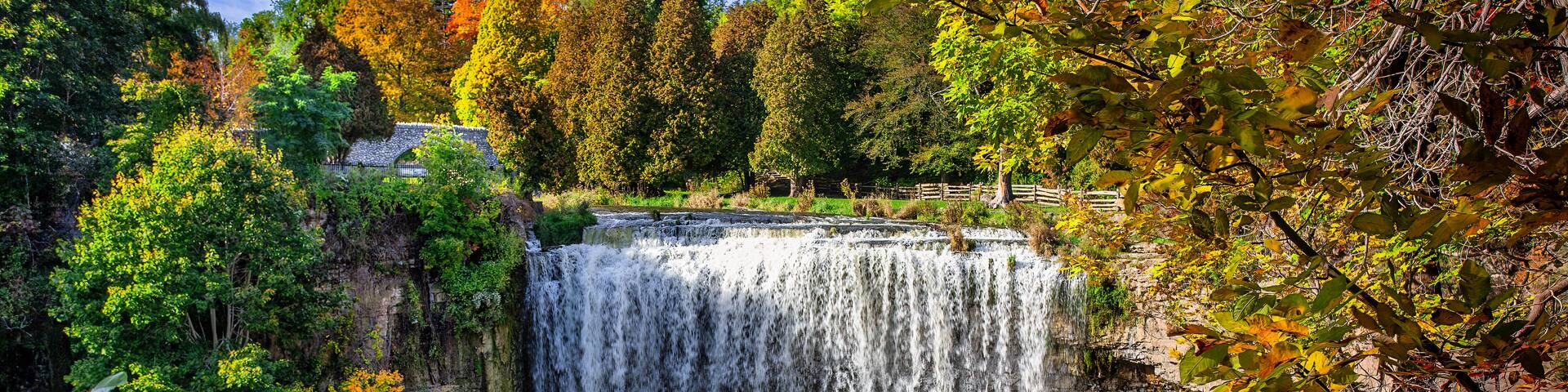 A waterfall surrounded by autumn foliage.