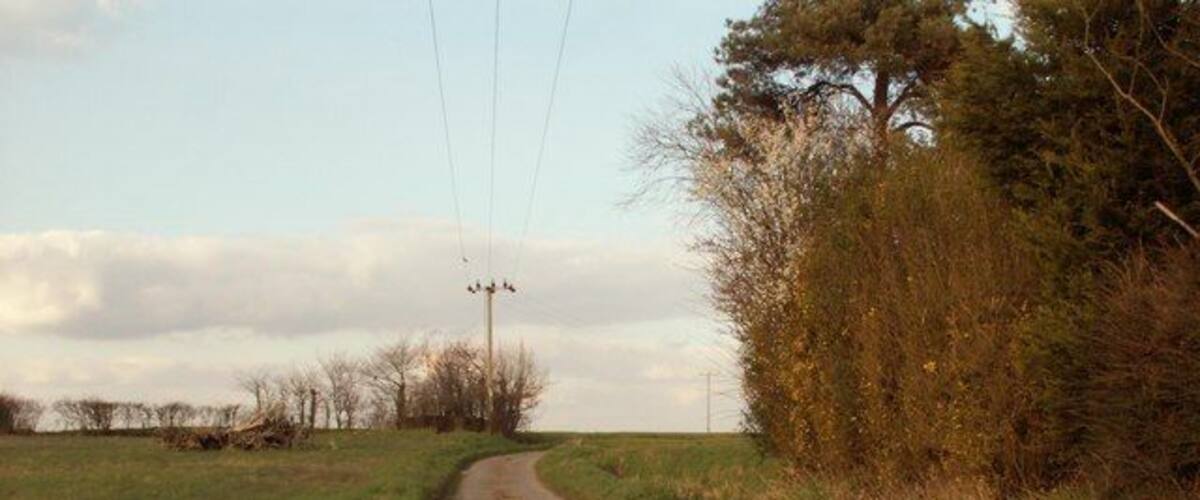 A rural road curving through a field with power lines overhead and trees on the right.